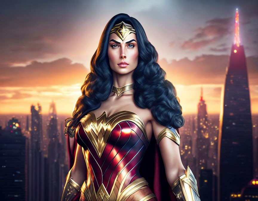 Stylized Wonder Woman in red and gold armor against city skyline at sunset
