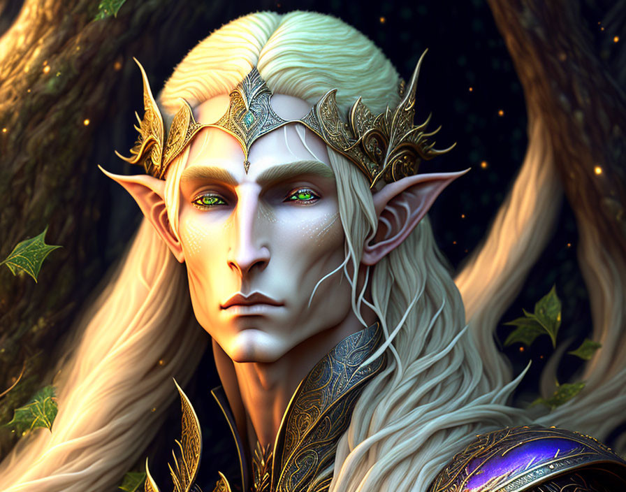 Elaborate digital art portrait of an elf in golden armor