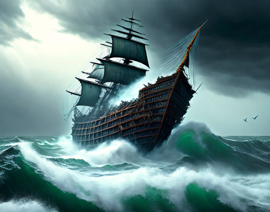 Tall ship in stormy seas with crashing waves