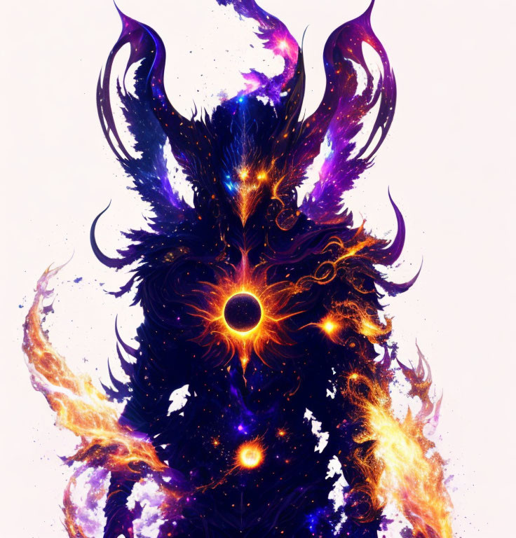 Fiery and Purple Cosmic Entity with Glowing Eye and Star Patterns