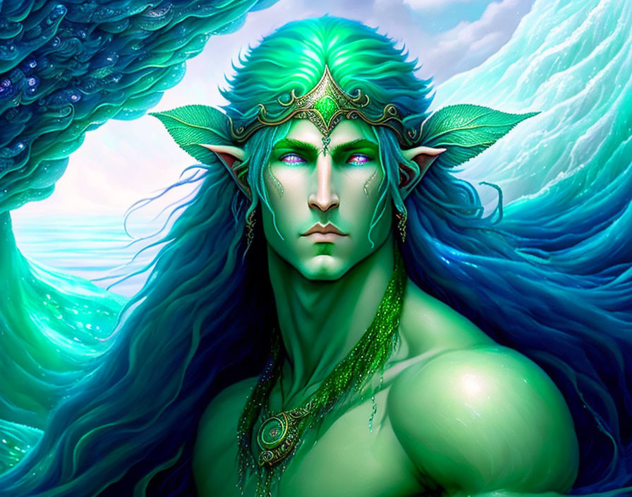 Colorful fantasy sea elf with green hair and ocean background