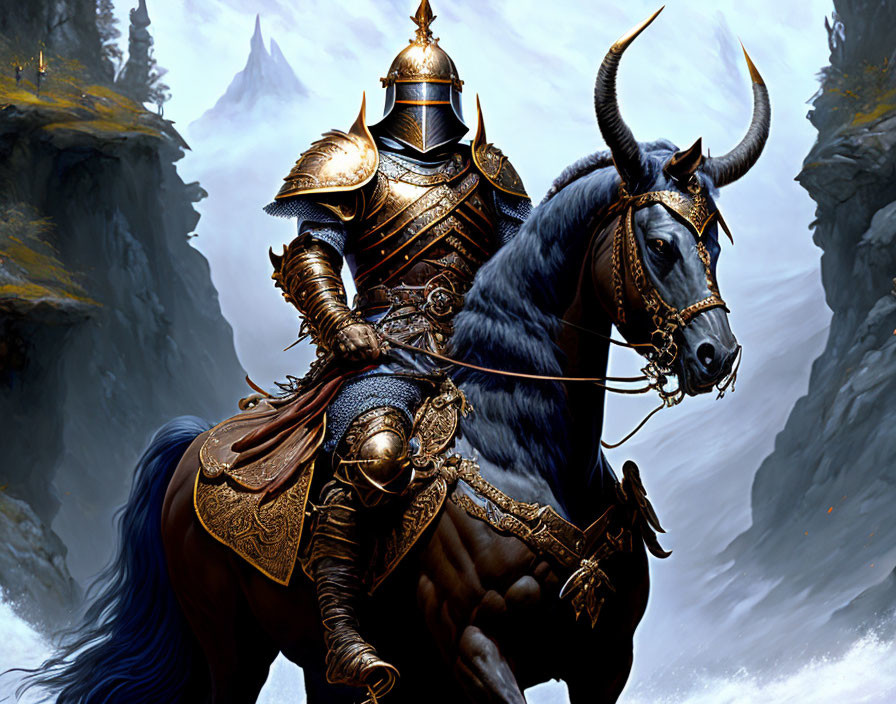 Knight in ornate armor on majestic black horse in craggy mountain landscape