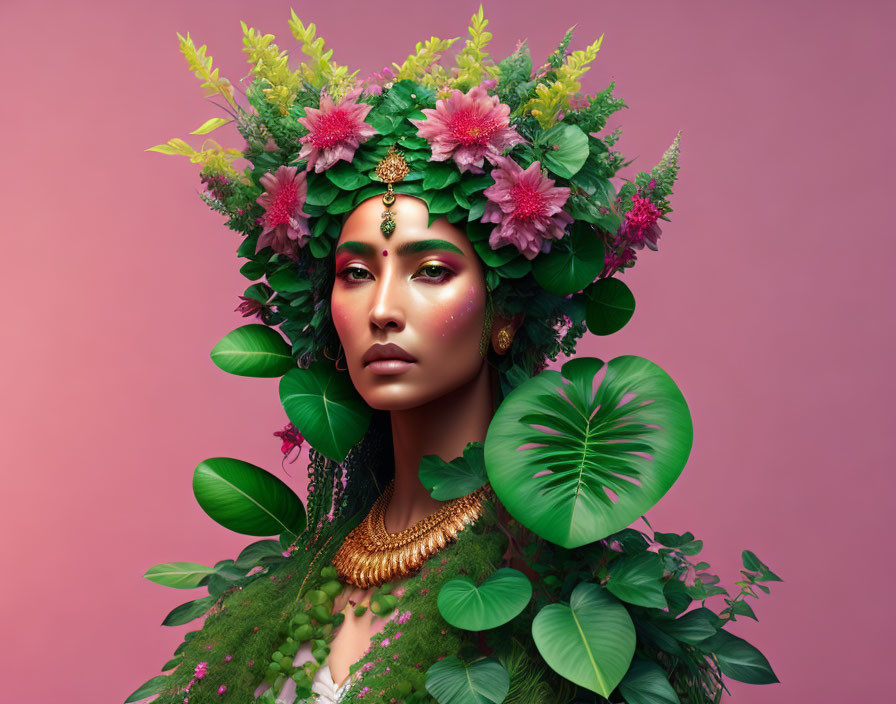 Portrait of Woman with Green Foliage Headpiece and Golden Jewelry on Pink Background