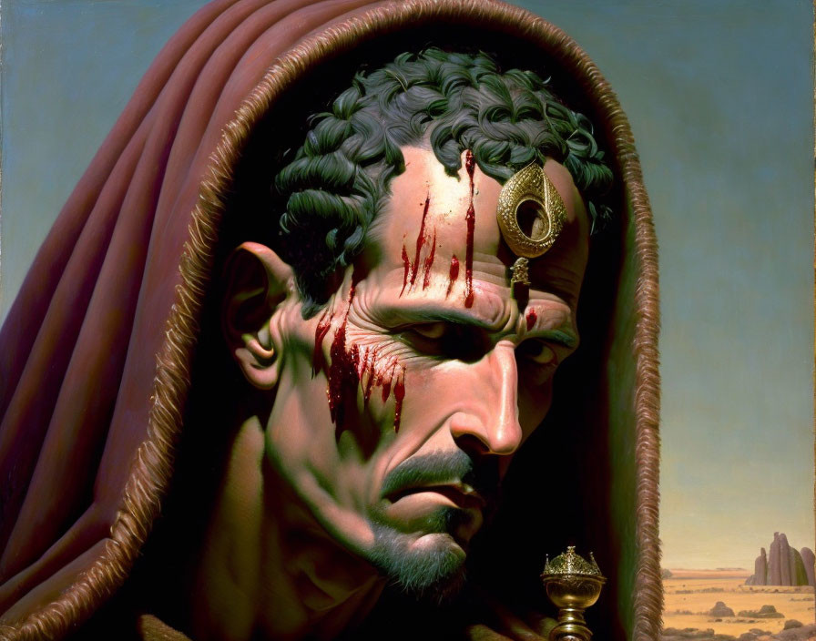 Digital artwork: stern man with blood, helmet, goblet, desert background