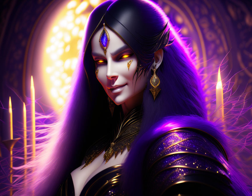 Mystical woman with purple hair and glowing eyes in ornate gold jewelry