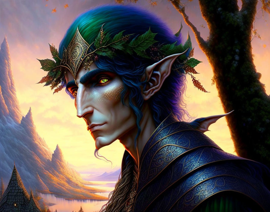 Blue-skinned elf with golden eyes in mystical fantasy scene.