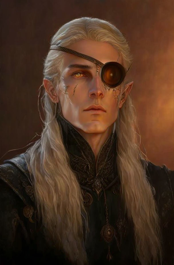 Digital artwork featuring an elf with white hair, pointed ears, pale skin, and a mechanical monocle