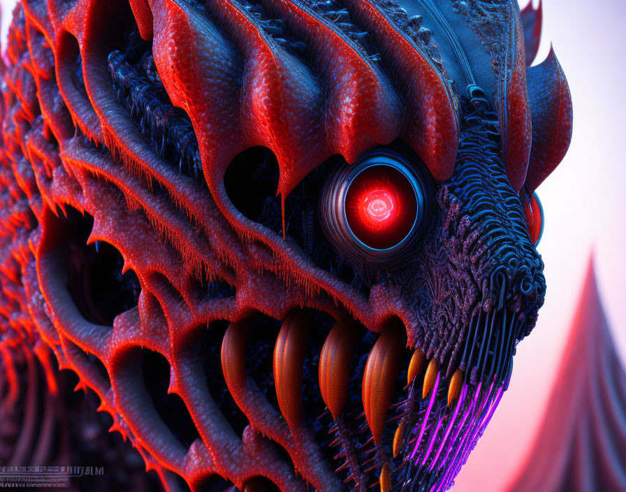 Detailed Red Dragon Head with Glowing Eye on Moody Purple Background