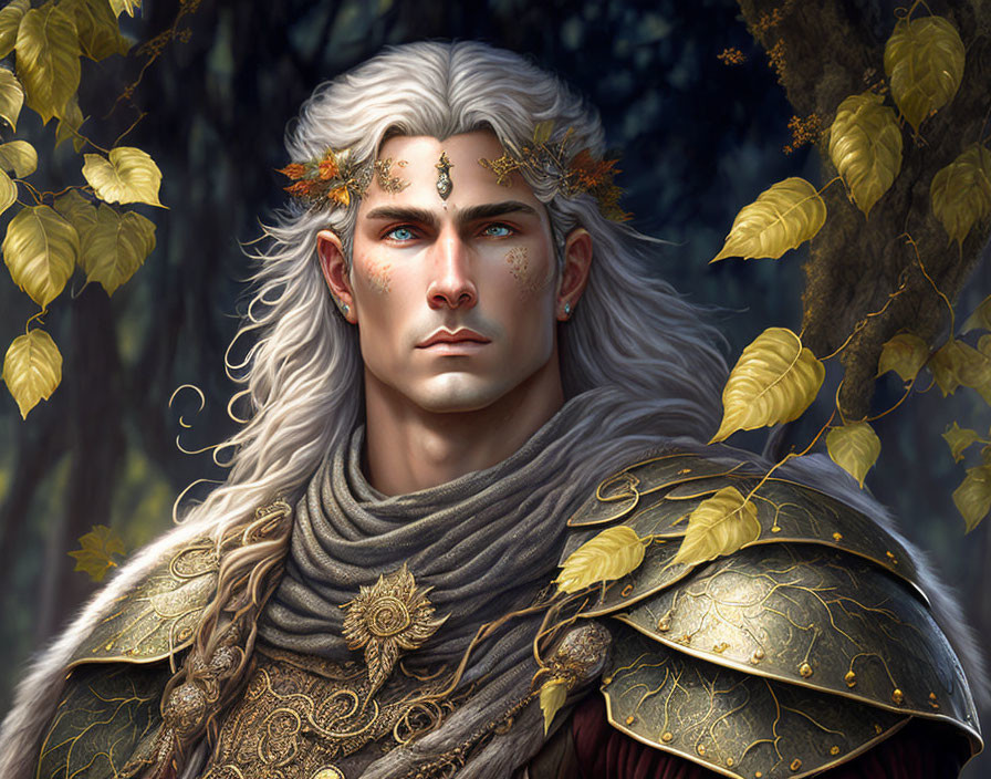 Elven Male Portrait with White Hair and Golden Armor