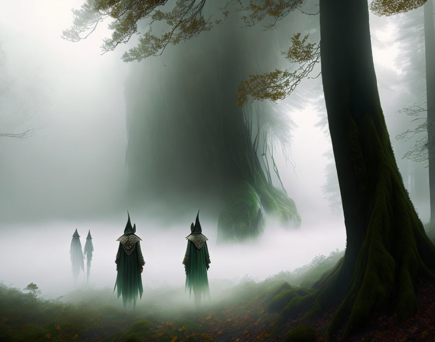 Enigmatic forest scene with figures in cloaks near ancient tree