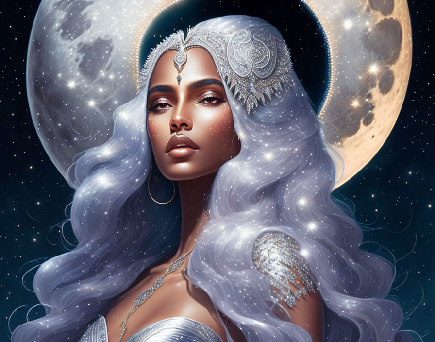 Silver-haired woman with ornate headdress in cosmic scene