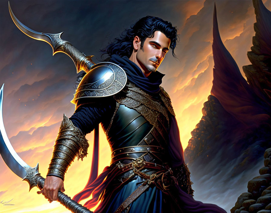 Fantasy male warrior with sword in intricate armor against fiery sky.