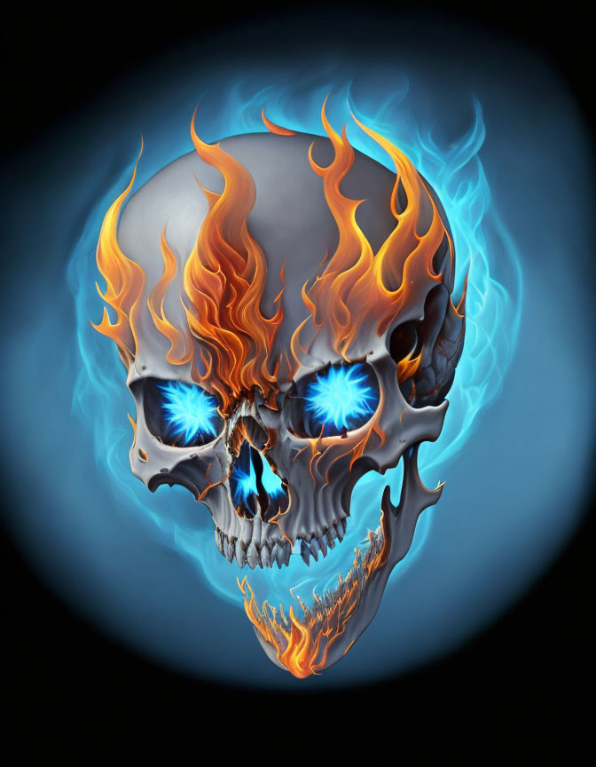 Digitally Created Skull Engulfed in Blue and Orange Flames