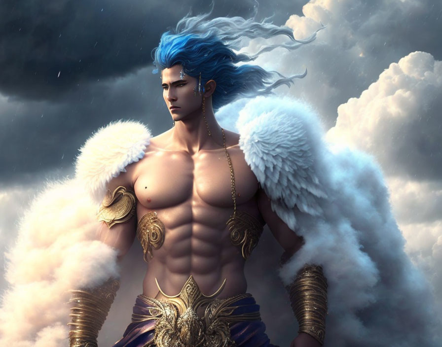 Mythical Male Figure with Blue Hair and Winged Shoulders in Golden Armor