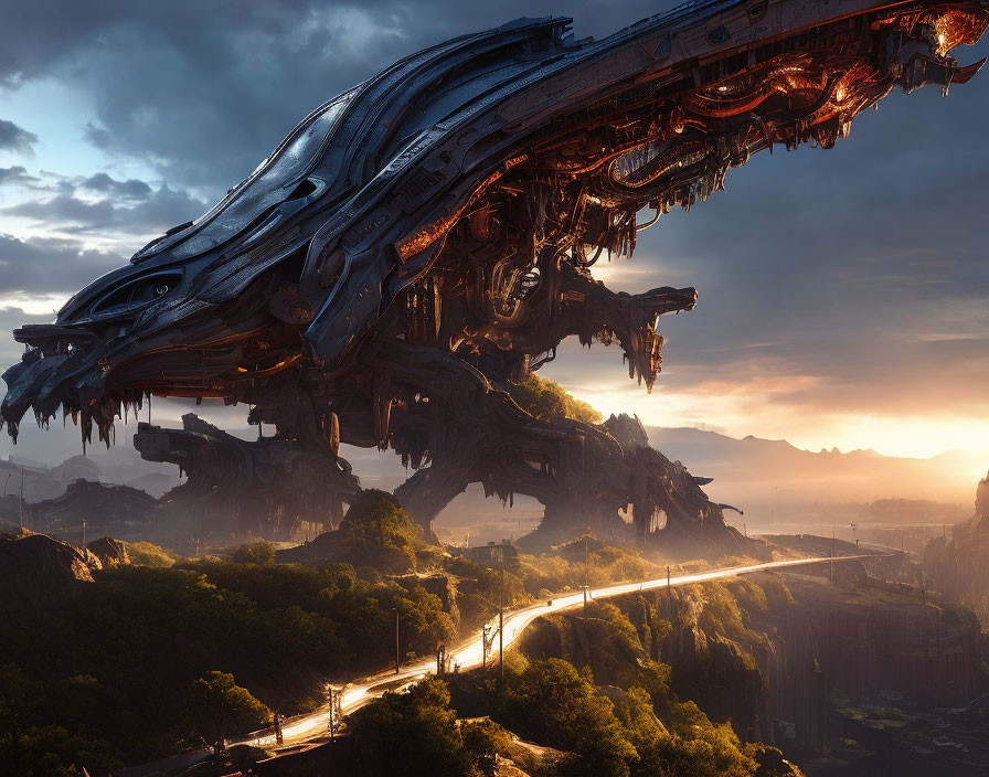 Gigantic futuristic spaceship over rocky landscape at sunset