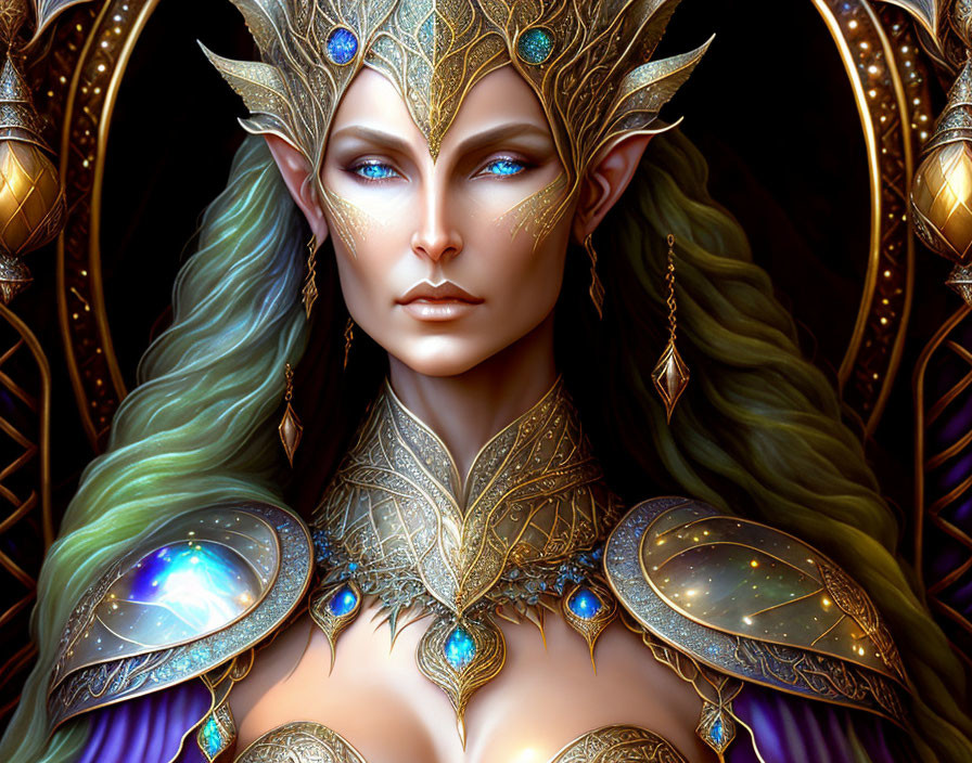 Blue-skinned elf with green hair in golden headgear against circular backdrop