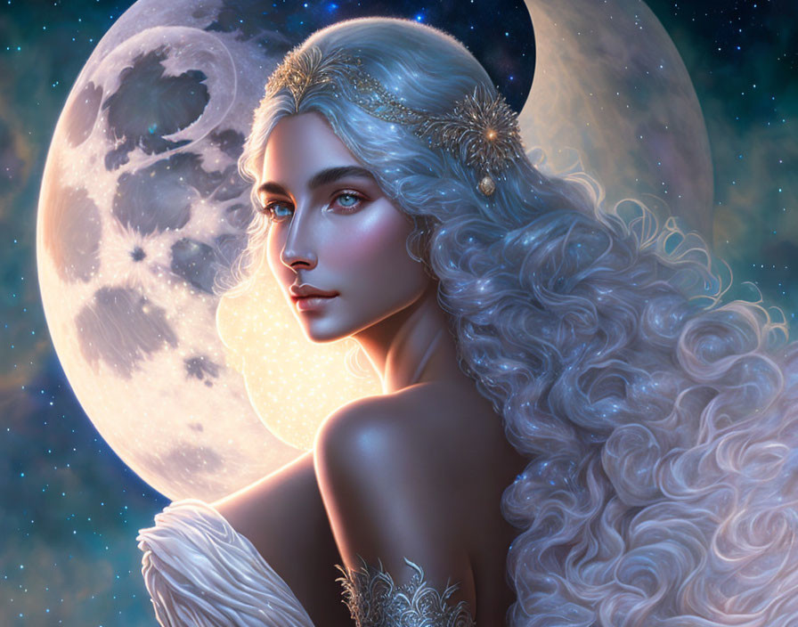 Fantasy portrait: Pale woman with white hair and diadem under full moon