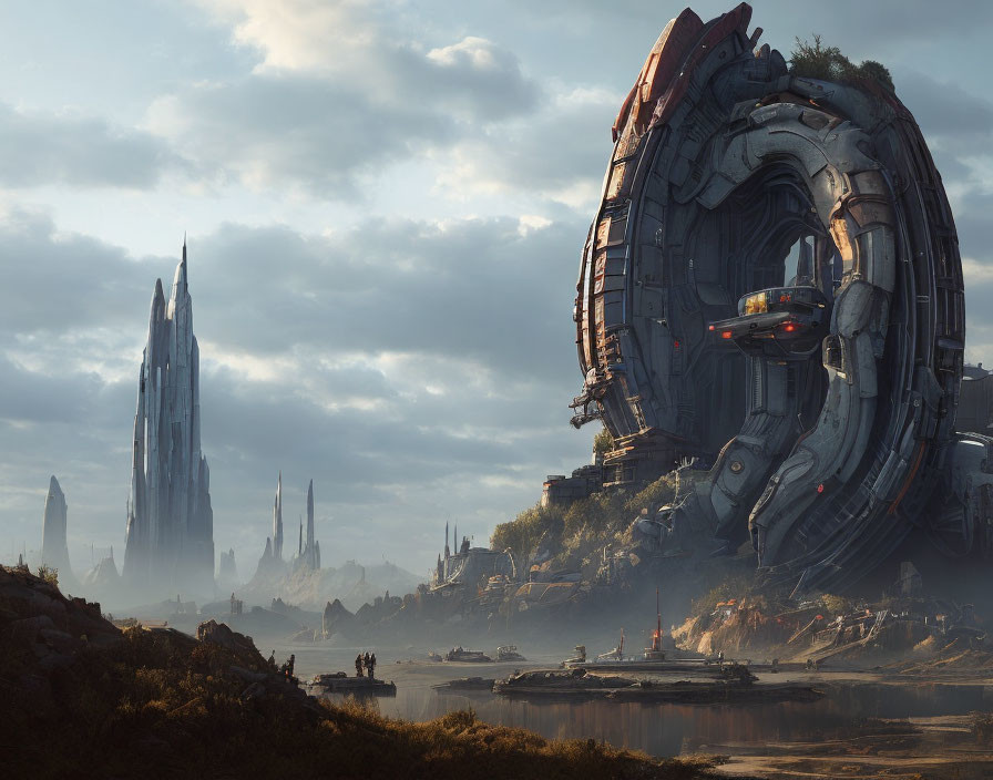 Large circular mechanical structure in futuristic landscape with towering spires and figures by water