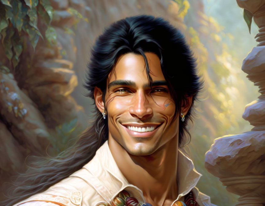 Smiling man with long black hair and goatee in forest setting
