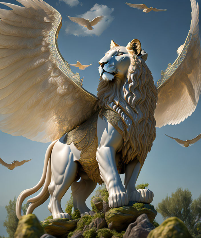 Winged lion statue on rocks with birds in blue sky