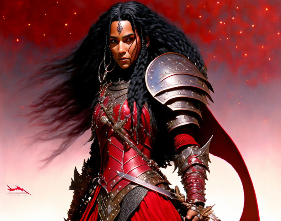 Warrior in Red Armor with Flowing Black Hair on Starry Background