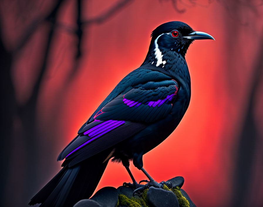 Iridescent black bird with purple wings and red eye on fiery red background