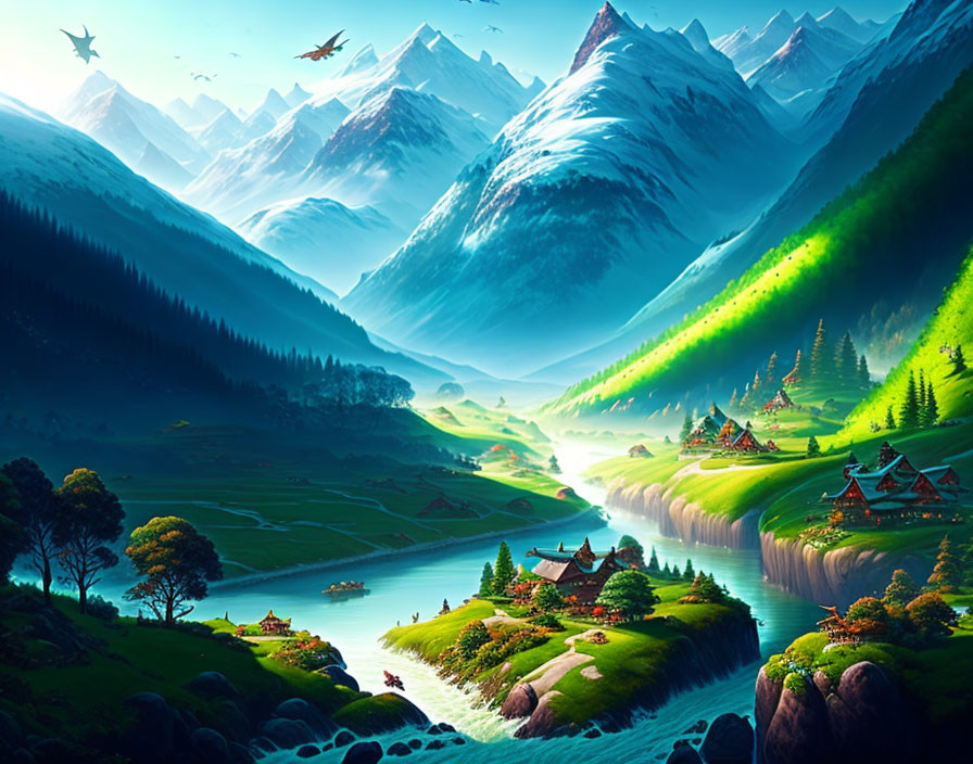 Digital Art: Serene Valley with Traditional Houses, River, Northern Lights, Snow-Capped Mountains