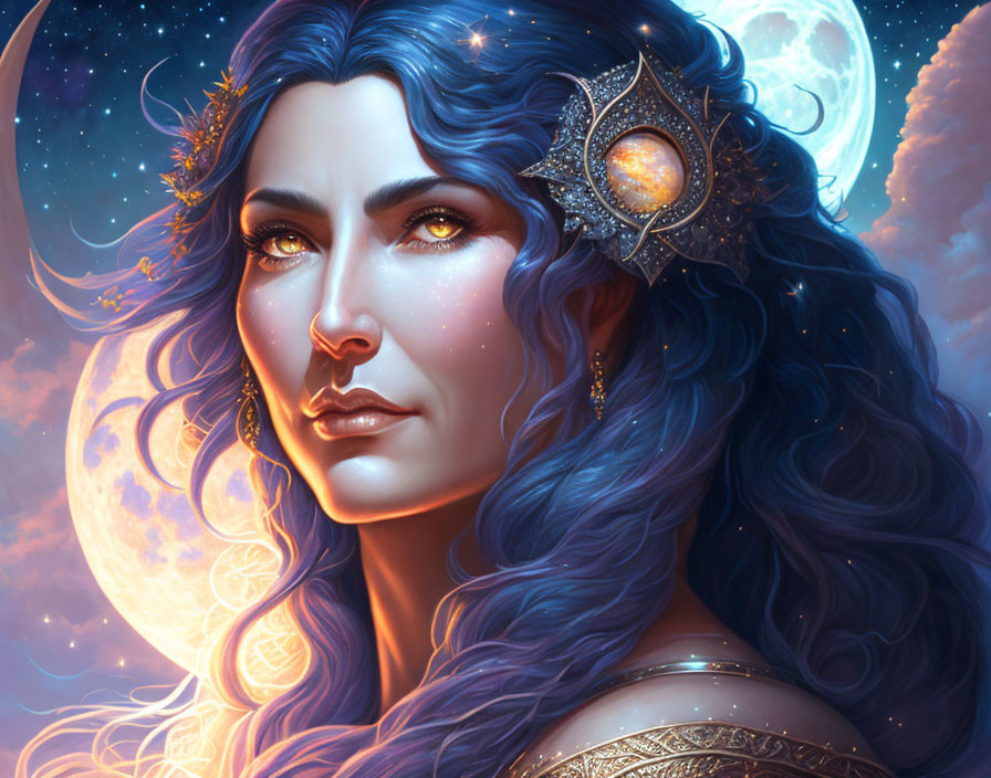 Fantasy illustration of woman with blue hair and celestial tiara under moonlit sky