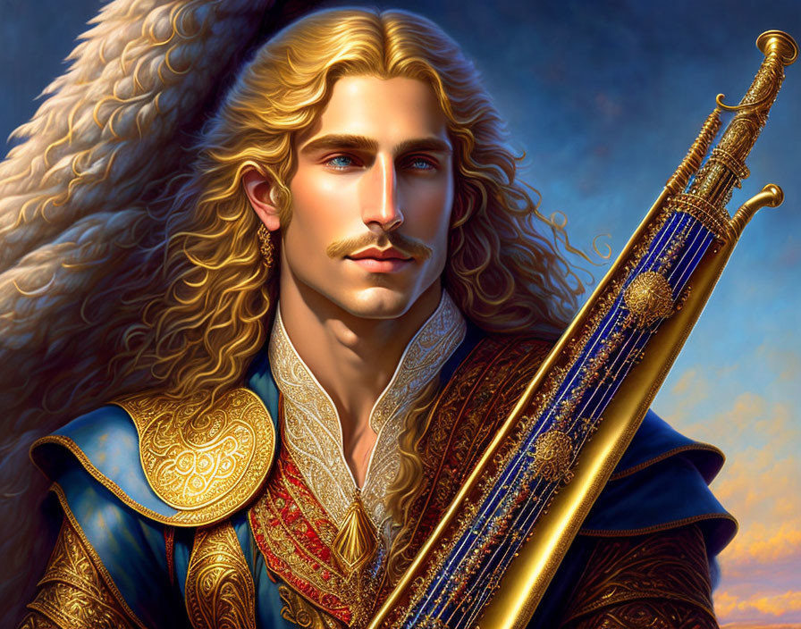 Fantasy character with long blonde hair in golden-blue armor with sword on cloudy sky.