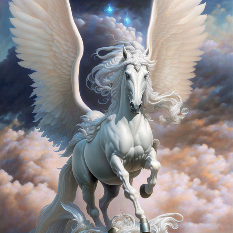 Majestic white winged horse in celestial setting