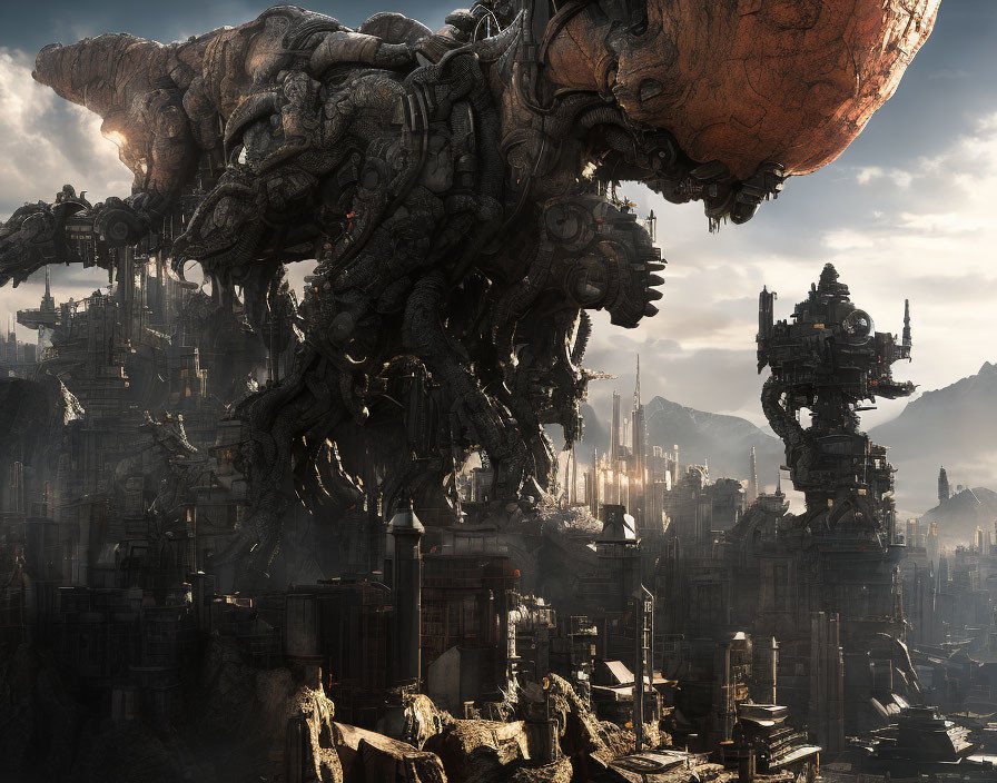 Giant mechanical creature in dystopian cityscape with industrial structures