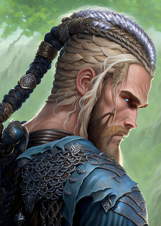 Elven male digital illustration in ornate armor with braided hair