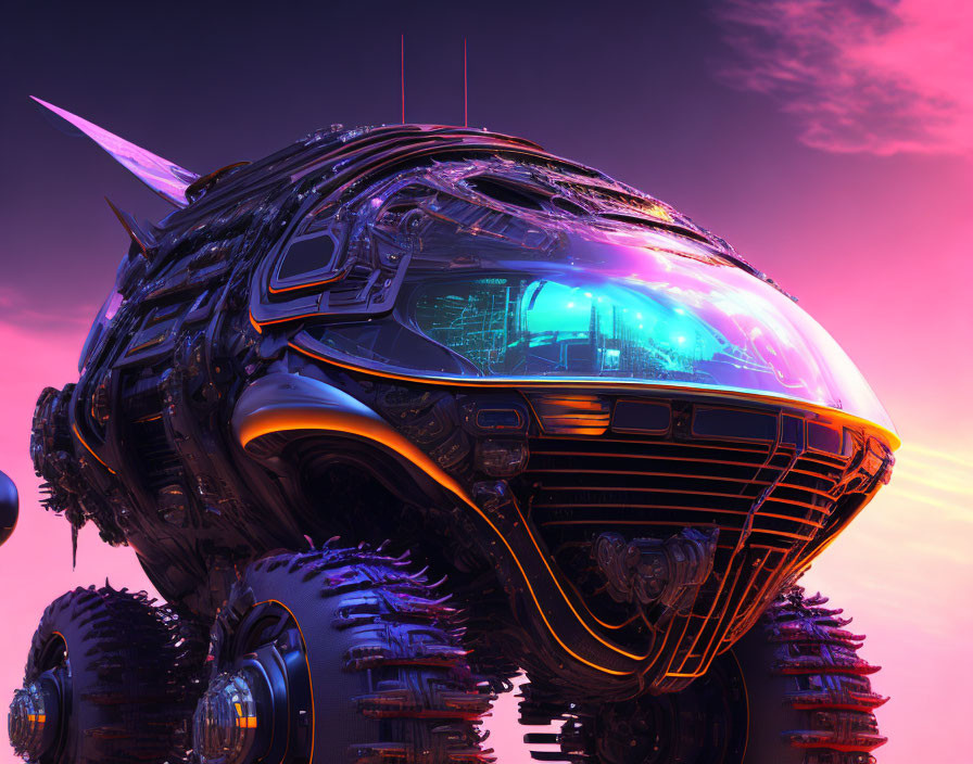 Futuristic armored vehicle with glowing neon lines in pink-purple sky