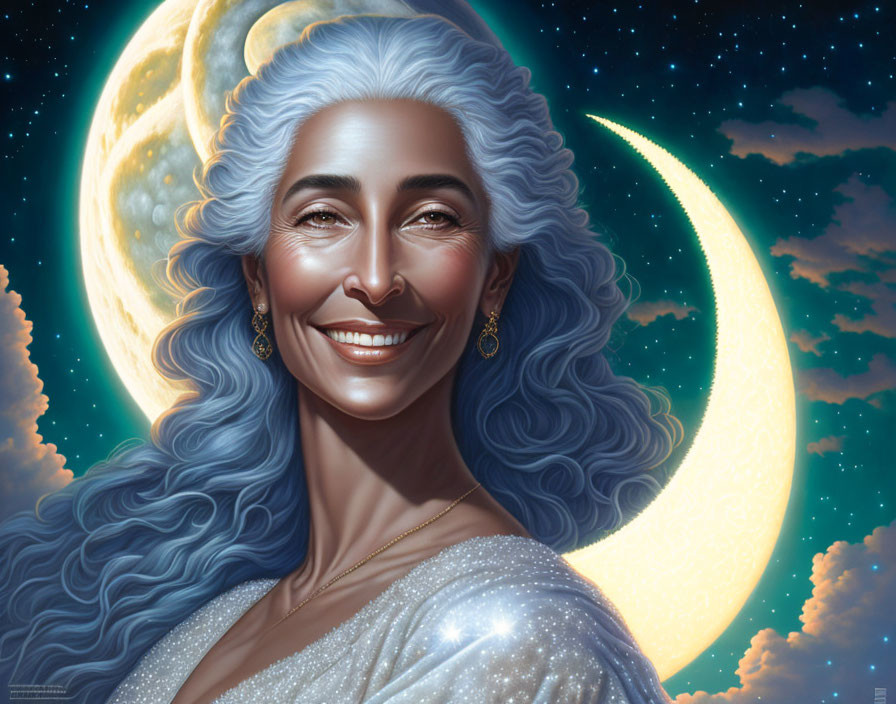 Silver-haired woman smiling under crescent and full moon in nighttime sky