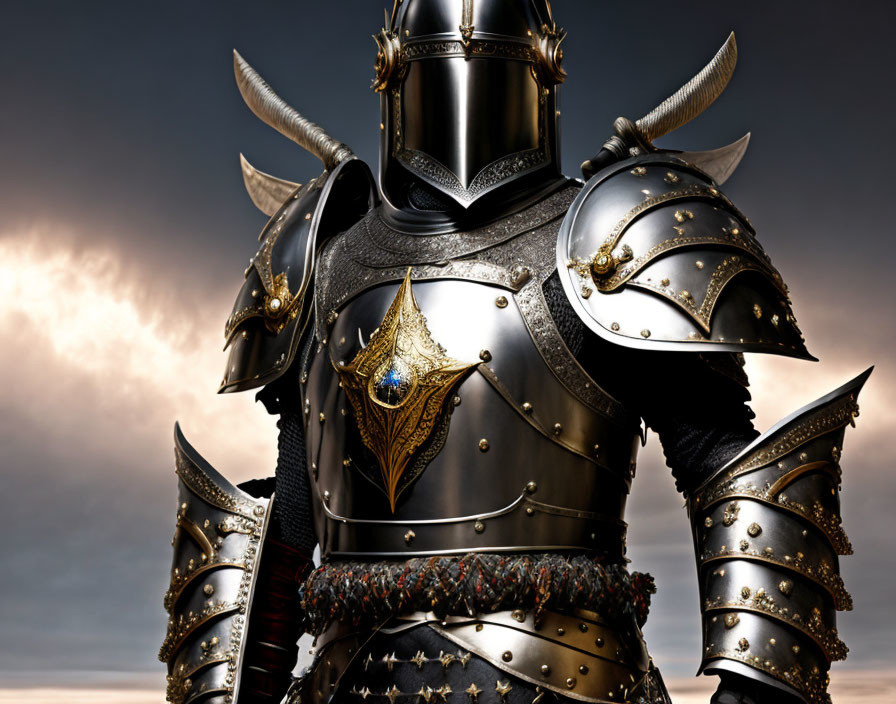Ornate black and gold knight in horned helmet under moody sky