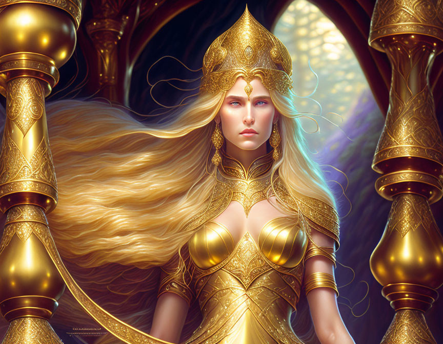 Regal woman in golden armor with crown, long hair, against ornate columns and mystical light.