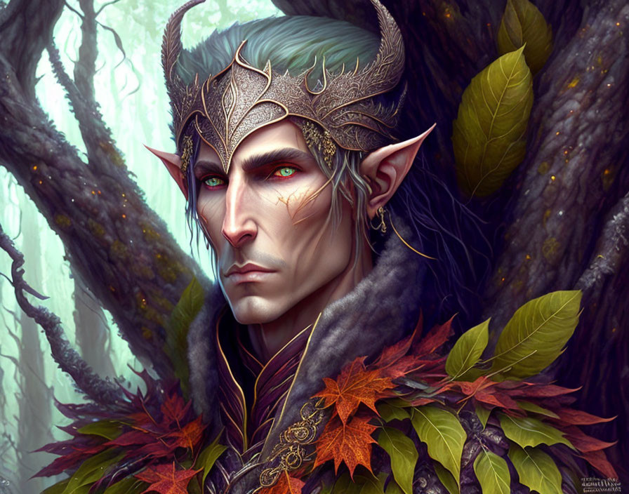 Illustrated elf with sharp features in crown, surrounded by foliage in mystical forest.