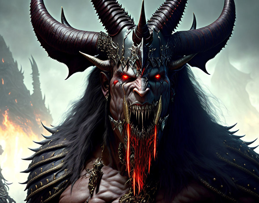 Sinister demonic figure with red eyes, horns, black armor, and lava veins