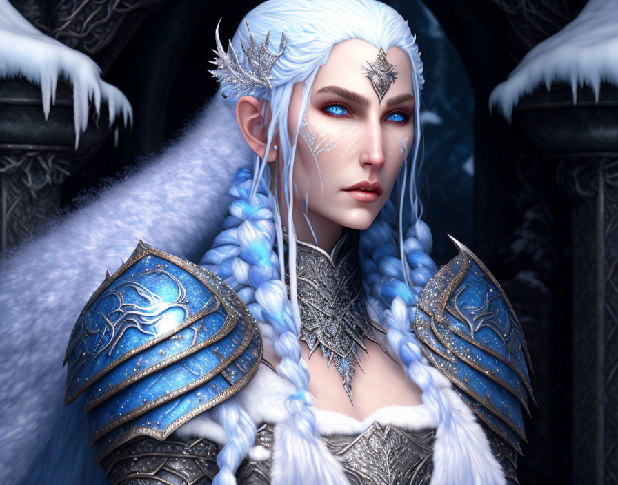 Fantasy Female Ice Elf in Silver Armor and Fur on Icy Background