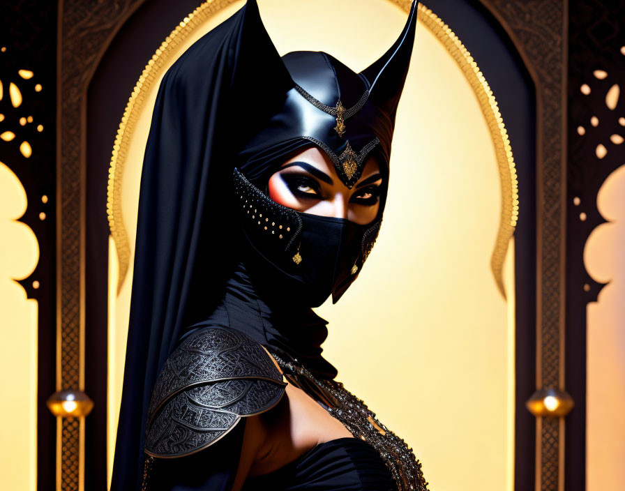 Elaborate Black Costume with Caped Hood Against Golden Background