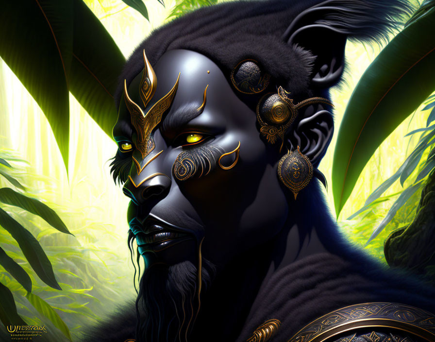 Fantasy character with feline features in digital art - blue-black skin, golden markings, yellow eyes