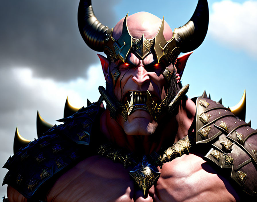 Red-skinned horned fantasy creature with spiked armor under cloudy sky