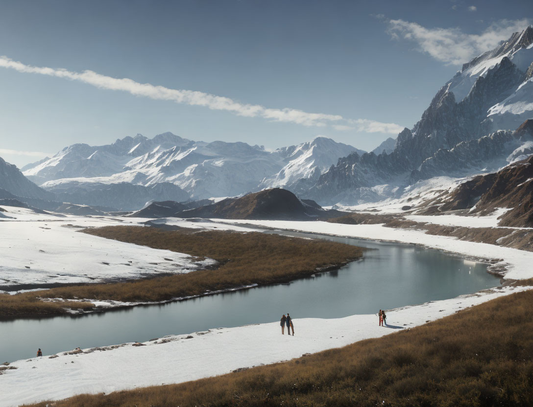 Snowy mountain landscape with hikers near serene lake and distant peaks.