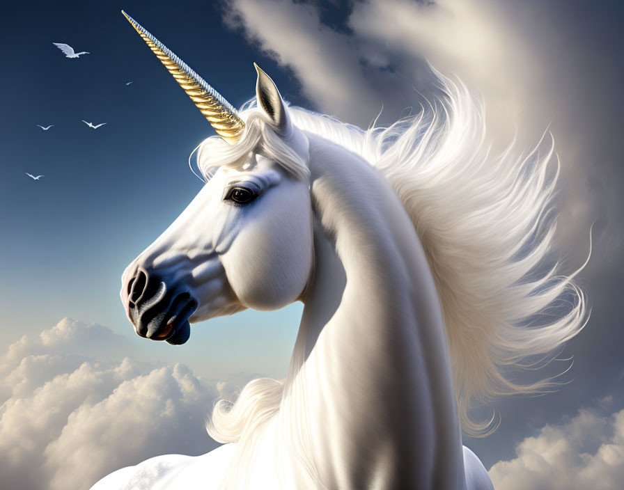 White Unicorn with Golden Horn in Blue Sky and Clouds