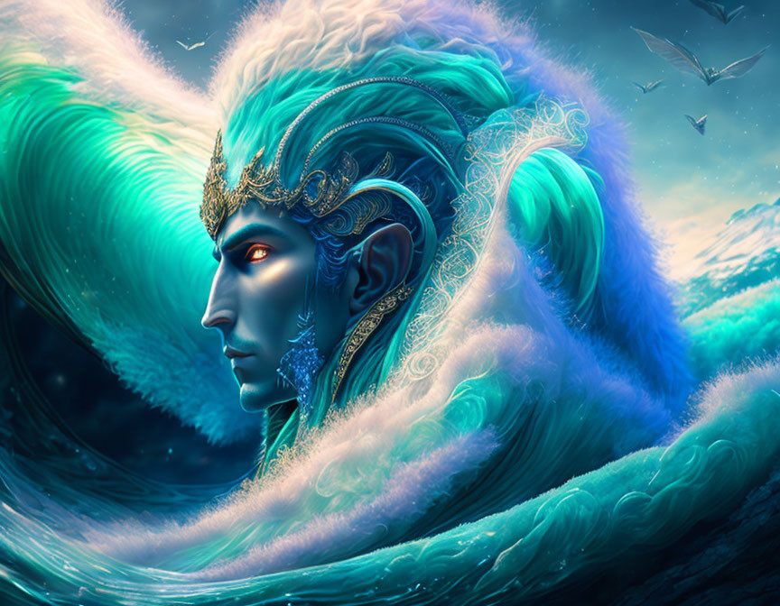 Ethereal fantasy figure with turquoise hair and gold headpiece in ocean setting