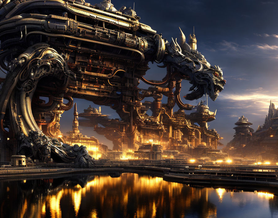 Intricate cityscape with dragon-shaped building and water reflection at dusk