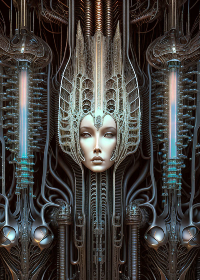 Detailed sci-fi humanoid face with glowing tubes and biomechanical designs