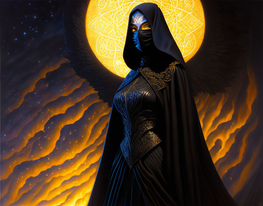 Mysterious figure in black cloak with golden patterns under starry sky