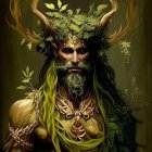 Forest deity with antlers, foliage crown, beard, and armor exudes mystical power