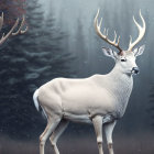 White deer with antlers in mystical winter forest with falling snowflakes